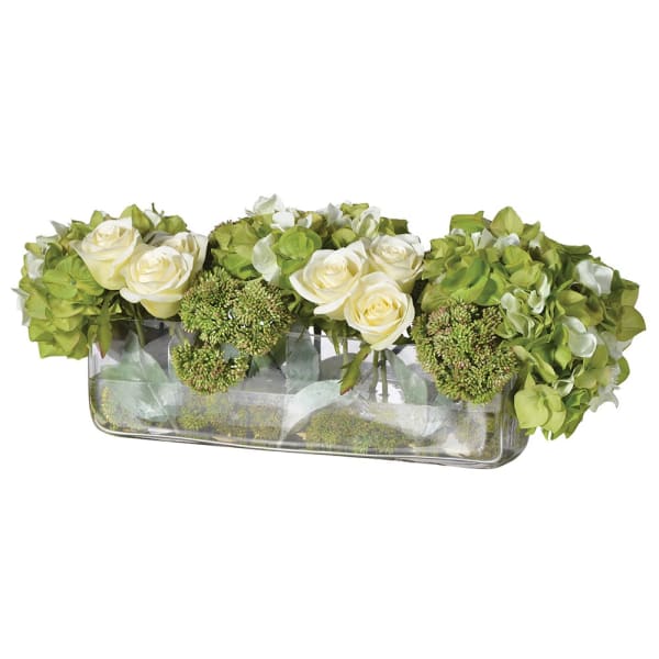 Hydrangea and Rose Arrangement in Oblong Glass Vase