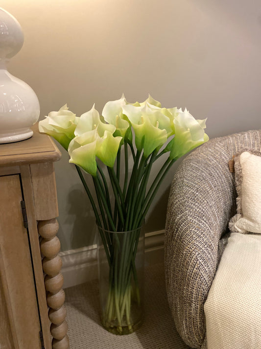 Large White Calla Lilies in Round Glass Column Vase