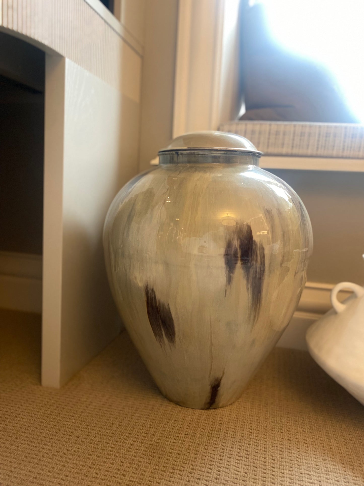 Large Hand Made Coffee Enamel Lidded Vase