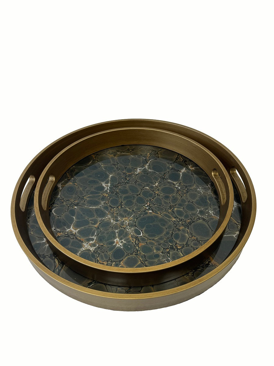Set of Two 'Malachite' Round Trays