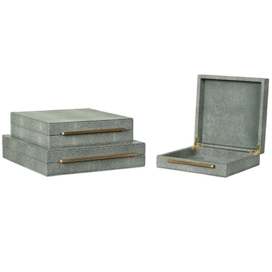 Green Set of 3 Ivory Faux Shagreen Boxes