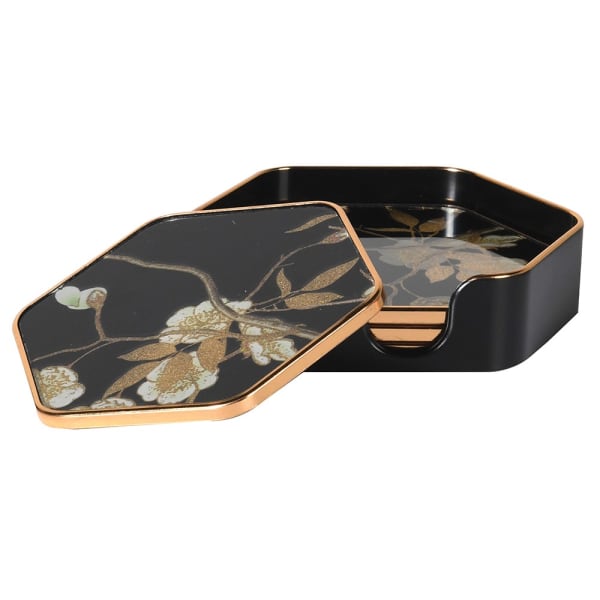 Set of 4 Floral Hexagonal Coasters with Holder